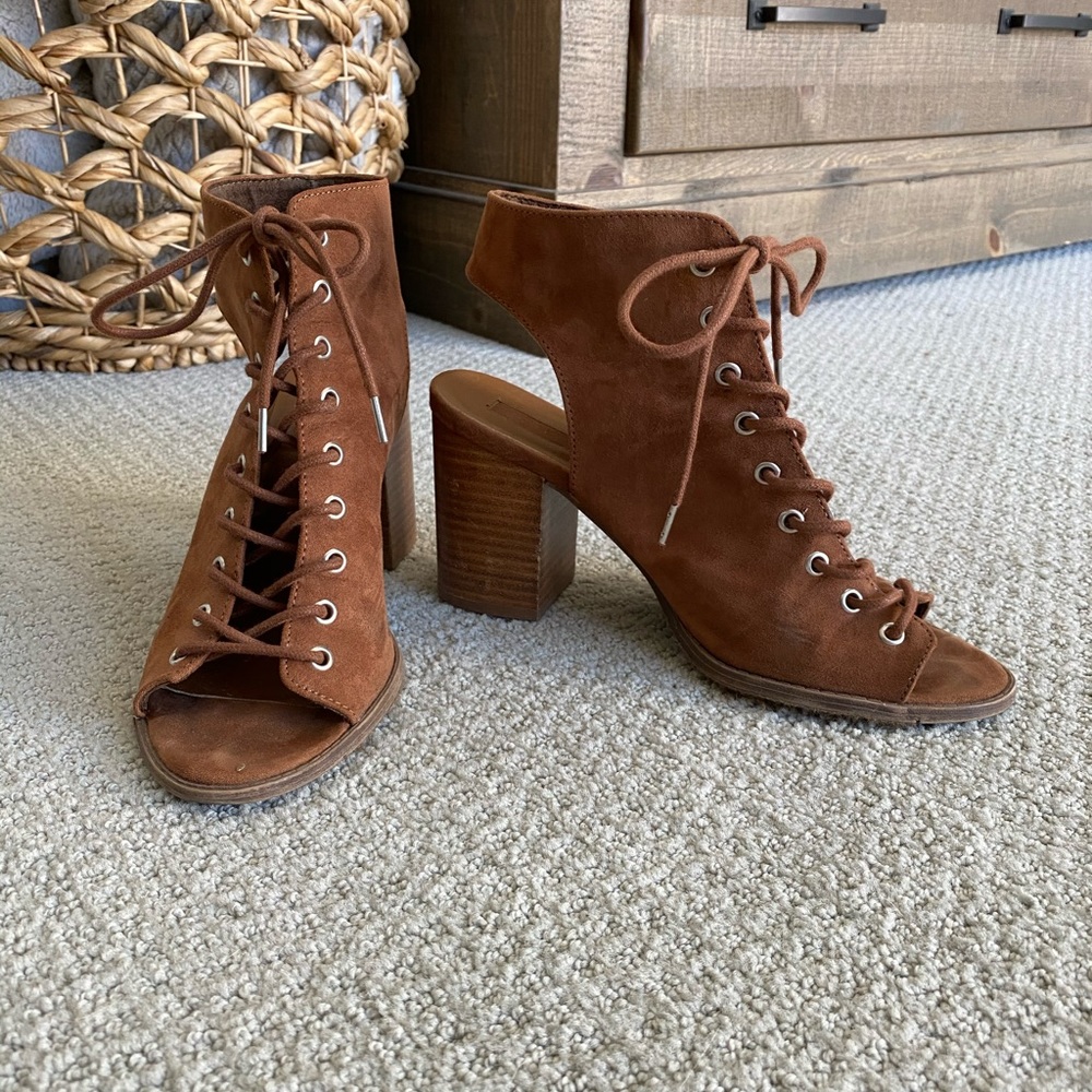Camel Suede Lace Up Block Heels